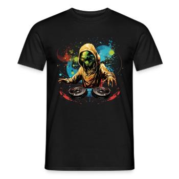 DJ Alien, Space Alien, DJ, Alien, Cartoon, Space, - Men's T-Shirt - black - Front - AI Model Male 178 light (178cm)