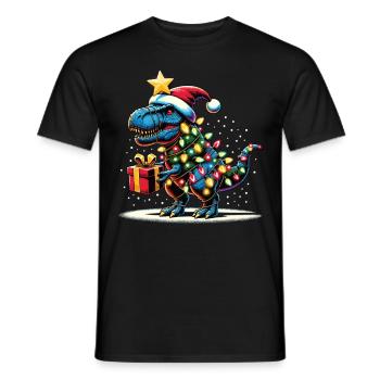 Tree Rex - Dino mit Weihnachtslichtern - Männer T-Shirt - Schwarz - Vorne - AI Model Male 178 light (178cm)