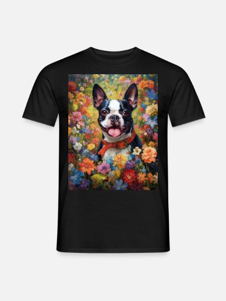 Boston Terrier unter Blumen als Malerei Kunst - Männer T-Shirt - Schwarz