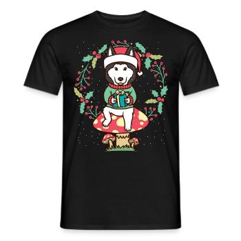 Siberian Husky Dog on Mushroom Christmas Wreath - Men's T-Shirt - black - Front - AI Model Male 178 light (178cm)