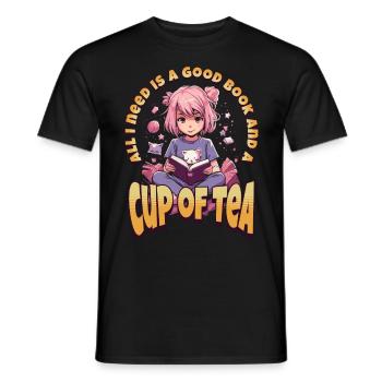 Cup of Tea - Kawaii Anime Girl for Bookworms - Men's T-Shirt - black - Front - AI Model Male 178 light (178cm)