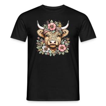 Scottish Highland Cow with Flowers - Men's T-Shirt - black - Front - AI Model Male 178 light (178cm)