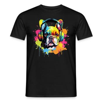 Bouledogue français coloré avec des écouteurs - T-shirt homme - noir - Devant - AI Model Male 178 light (178cm)