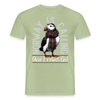 Norway, Puffins, Norway Is Calling - Men's T-Shirt - sage - Front - AI Model Male 178 light (178cm)