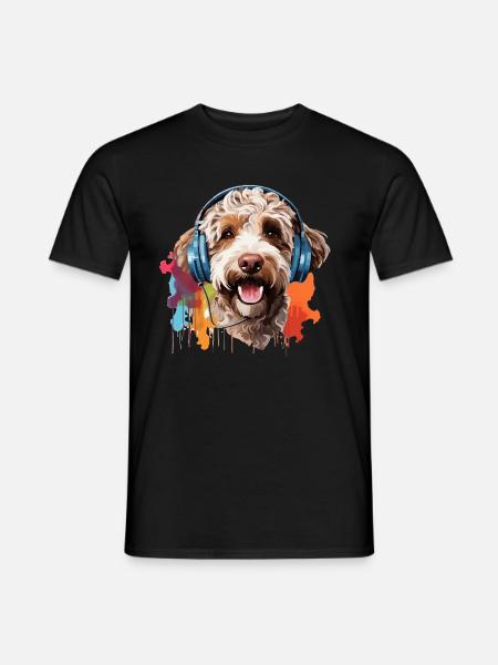 Bunter Lagotto Romagnolo mit Kopfhörer - Männer T-Shirt - Schwarz