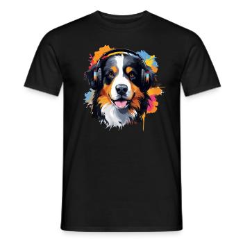 Colorful Bernese Mountain Dog with Headphones - Men's T-Shirt - black - Front - AI Model Male 178 light (178cm)