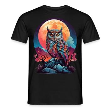 MOONLIT MYSTIQUE: A COLORFUL OWL’S NIGHTTIME VIGIL - Men's T-Shirt - black - Front - AI Model Male 178 light (178cm)