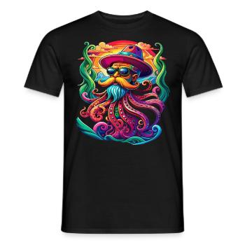 Oceanic Chic: Octopus with sunglasses and beard - Men's T-Shirt - black - Front - AI Model Male 178 light (178cm)
