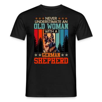German Shepherd NEVER UNDERESTIMATE AN OLD WOMAN - Men's T-Shirt - black - Front - AI Model Male 178 light (178cm)