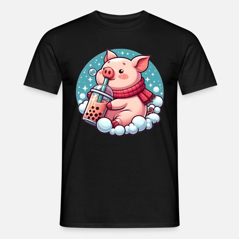 Schwein genießt Bubble Tea - Männer T-Shirt - Schwarz