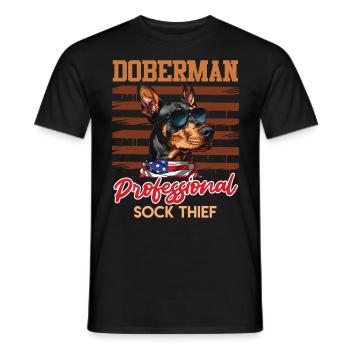 Doberman PROFESSIONAL SOCK THIEF Funny - Men's T-Shirt - black - Front - AI Model Male 178 light (178cm)