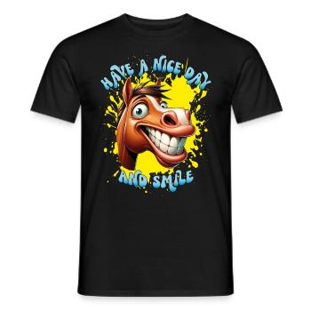 Cheval de dessin animé joyeux avec un grand sourire. - T-shirt homme - noir - Devant - AI Model Male 178 light (178cm)