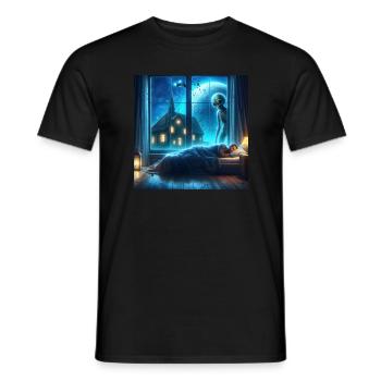 Alien observes sleeping human - Men's T-Shirt - black - Front - AI Model Male 178 light (178cm)