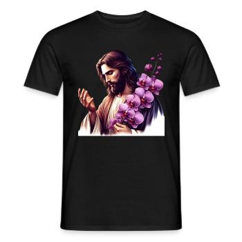 Jesus mit lila Orchideen - Männer T-Shirt - Schwarz - Vorne - AI Model Male 178 light (178cm)
