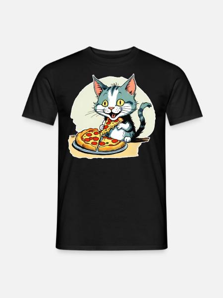 Katze loves Pizza - Männer T-Shirt - Schwarz