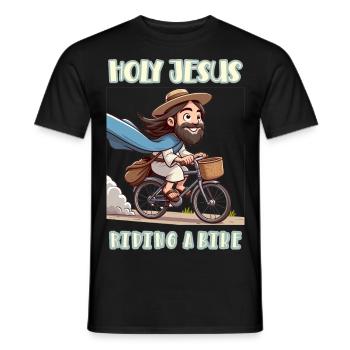 Holy Jesus riding a bike - Men's T-Shirt - black - Front - AI Model Male 178 light (178cm)