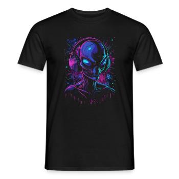 Alien DJ Alien Festival with Headphones UFO - Men's T-Shirt - black - Front - AI Model Male 178 light (178cm)