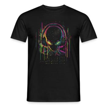 Festival DJ Alien with Headphones Alien UFO - Men's T-Shirt - black - Front - AI Model Male 178 light (178cm)