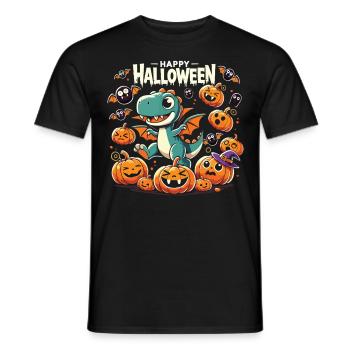 T-Rex with vampire wings chases pumpkins Halloween - Men's T-Shirt - black - Front - AI Model Male 178 light (178cm)