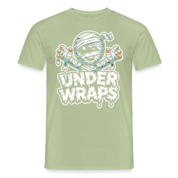 Chemise d’Halloween avec des momies et le texte « Under Wraps » - T-shirt homme - vert sauge - Devant - AI Model Male 178 light (178cm)