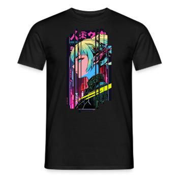 Cyberpunk Woman Geometric Pink Blue Japan - Men's T-Shirt - black - Front - AI Model Male 178 light (178cm)