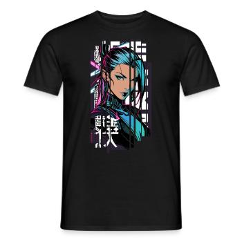 Woman cyberpunk Geometric manga pink blue japan - Men's T-Shirt - black - Front - AI Model Male 178 light (178cm)