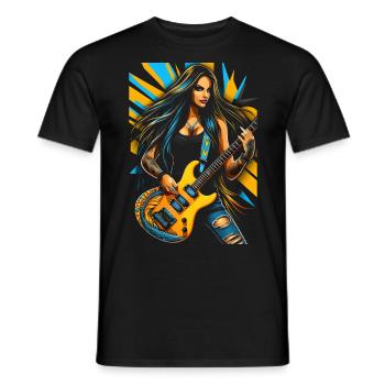 Wilde Gittarendiva mit E-Gitarre - Männer T-Shirt - Schwarz - Vorne - AI Model Male 178 light (178cm)