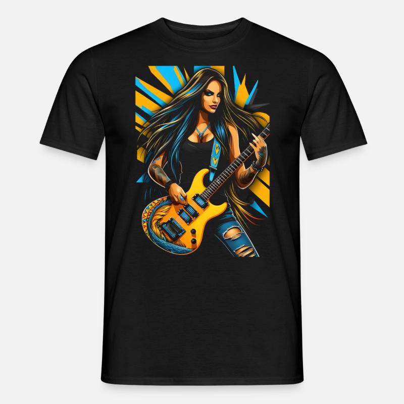 Wilde Gittarendiva mit E-Gitarre - Männer T-Shirt - Schwarz