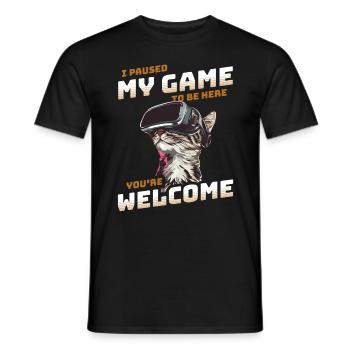 I just paused my game to be here - Cat with VR - Men's T-Shirt - black - Front - AI Model Male 178 light (178cm)
