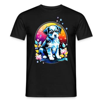 Cute puppy with lotus flowers - Men's T-Shirt - black - Front - AI Model Male 178 light (178cm)