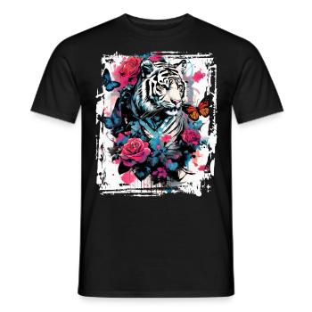 Majestic tiger with butterflies and roses - Men's T-Shirt - black - Front - AI Model Male 178 light (178cm)