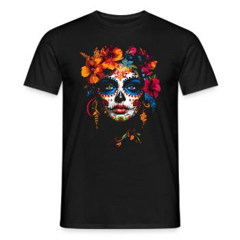 Colorful La Catrina Sugar Skull Woman with Flowers - Men's T-Shirt - black - Front - AI Model Male 178 light (178cm)