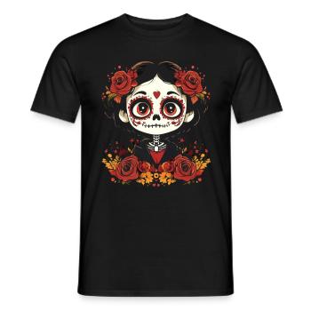 Cute Sugar Skull Face with Roses - Men's T-Shirt - black - Front - AI Model Male 178 light (178cm)