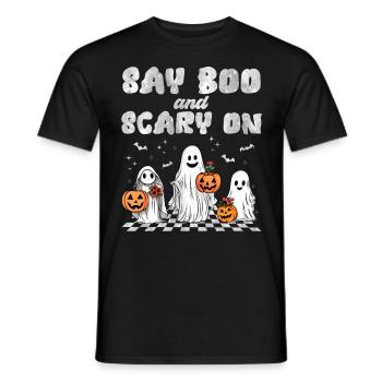 Halloween Party SAY BOO AND SCARY ON Lustiges - Men's T-Shirt - black - Front - AI Model Male 178 light (178cm)