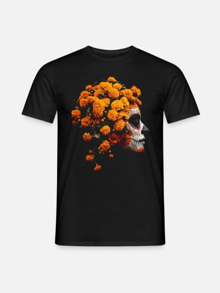 Catrina-Kunst mit Ringelblumen Dia de los Muertos - Männer T-Shirt - Schwarz