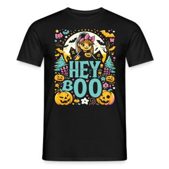 Halloween Kostüm Kinder HEY BOO Lustiges Spuk - Männer T-Shirt - Schwarz - Vorne - AI Model Male 178 light (178cm)