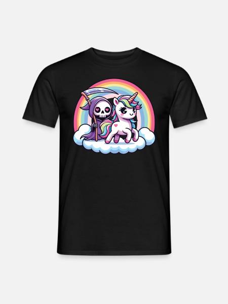 Niedliches Sensenmann und Einhorn Regenbogen - Männer T-Shirt - Schwarz