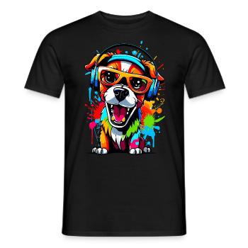 Hund mit Kopfhörern und Sonnenbrille - Männer T-Shirt - Schwarz - Vorne - AI Model Male 178 light (178cm)