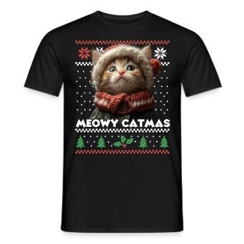 Meowy Catma's Christmas Matching Look with Kitten - Men's T-Shirt - black - Front - AI Model Male 178 light (178cm)
