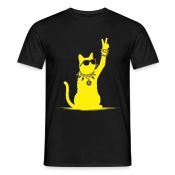 Gelbe Rocker Katze – Cooles Design für Musikfans - Männer T-Shirt - Schwarz - Vorne - AI Model Male 178 light (178cm)
