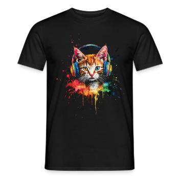 Katze Aquarell Kopfhörer - Männer T-Shirt - Schwarz - Vorne - AI Model Male 178 light (178cm)