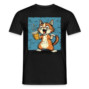 Aufgeregte Katze mit Kaffee im Comic-Stil - Männer T-Shirt - Schwarz - Vorne - AI Model Male 178 light (178cm)