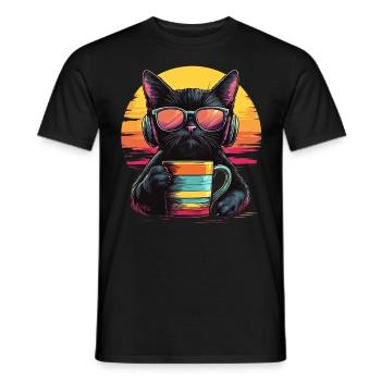 Style des années 80 : Chat froid avec du café - T-shirt homme - noir - Devant - AI Model Male 178 light (178cm)