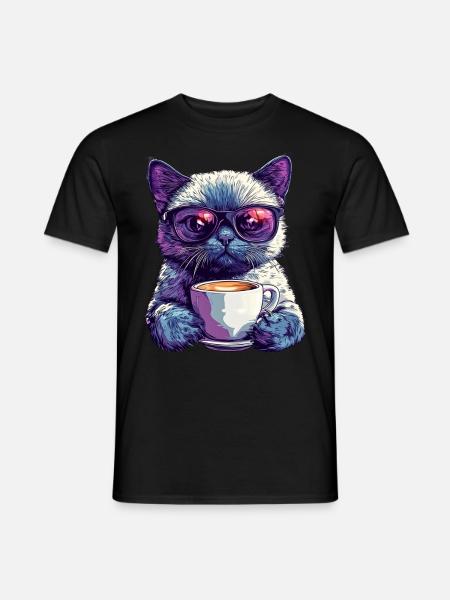 Coole Katze mit Brille & Kaffee-Flair - Männer T-Shirt - Schwarz