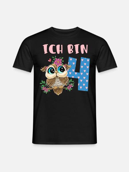 Ich Bin 4 Süße Eule Mit Blumen Mädchen Geburtstag - Männer T-Shirt - Schwarz