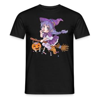 Süße Hexe auf Besen mit Süßigkeiten im Manga Style - Männer T-Shirt - Schwarz - Vorne - AI Model Male 178 light (178cm)