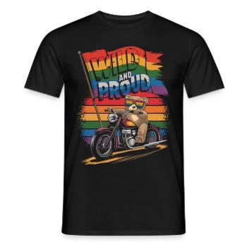 Teddy Bear Rides Motorcycle LGBTQ Rainbow Banner - Men's T-Shirt - black - Front - AI Model Male 178 light (178cm)