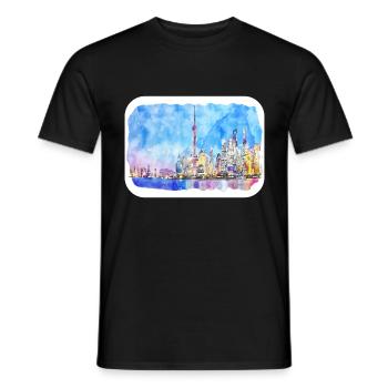 Shanghai Chine Aquarelle Esquisse Dessin Dessiné - T-shirt homme - noir - Devant - AI Model Male 178 light (178cm)