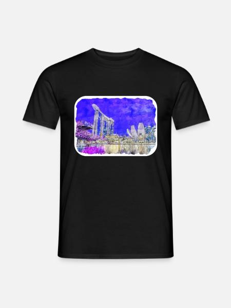 Singapour aquarelle croquis dessinés à la main peinture - T-shirt homme - noir