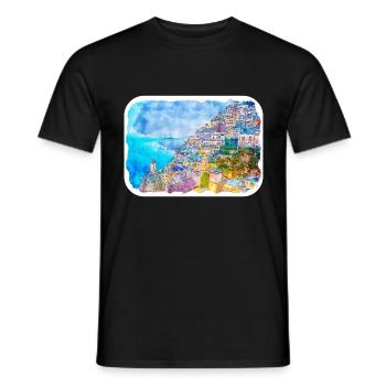 Positano Italie Aquarelle Esquisse Dessinée Illustratio - T-shirt homme - noir - Devant - AI Model Male 178 light (178cm)